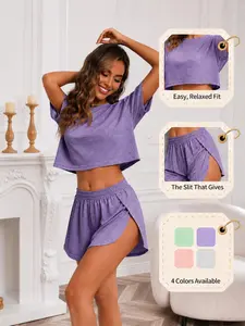 Women's Striped Loose-Fit Pajama Set, Casual Knitted Short Sleeve Top and Shorts, Side Split Design, Ideal for Home Wear