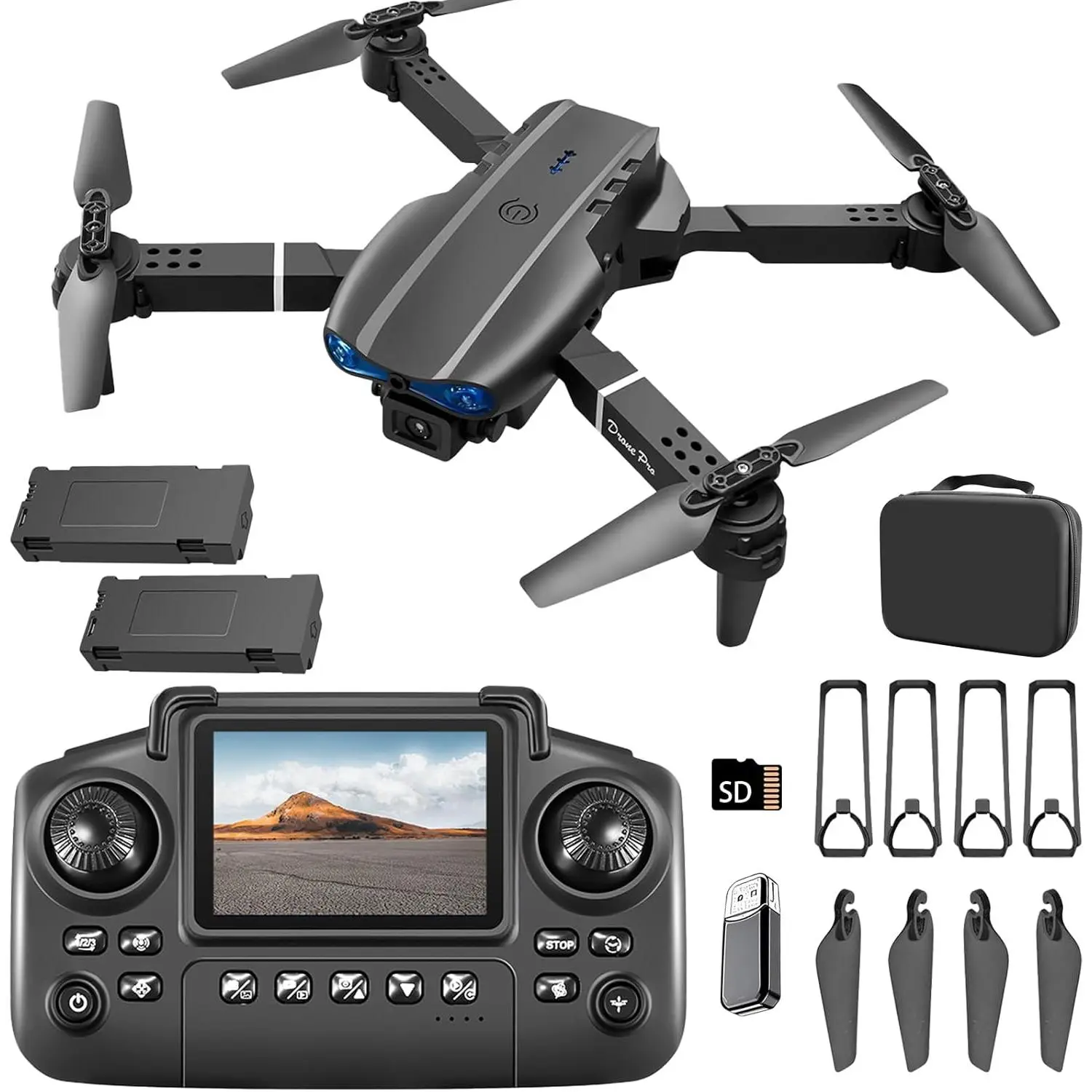 E99 drone with screen controller, equipped with two batteries, comes with a black outdoor carrying case (Black - 2 batteries) is the perfect gift for off-seasons and Halloween and Christmas