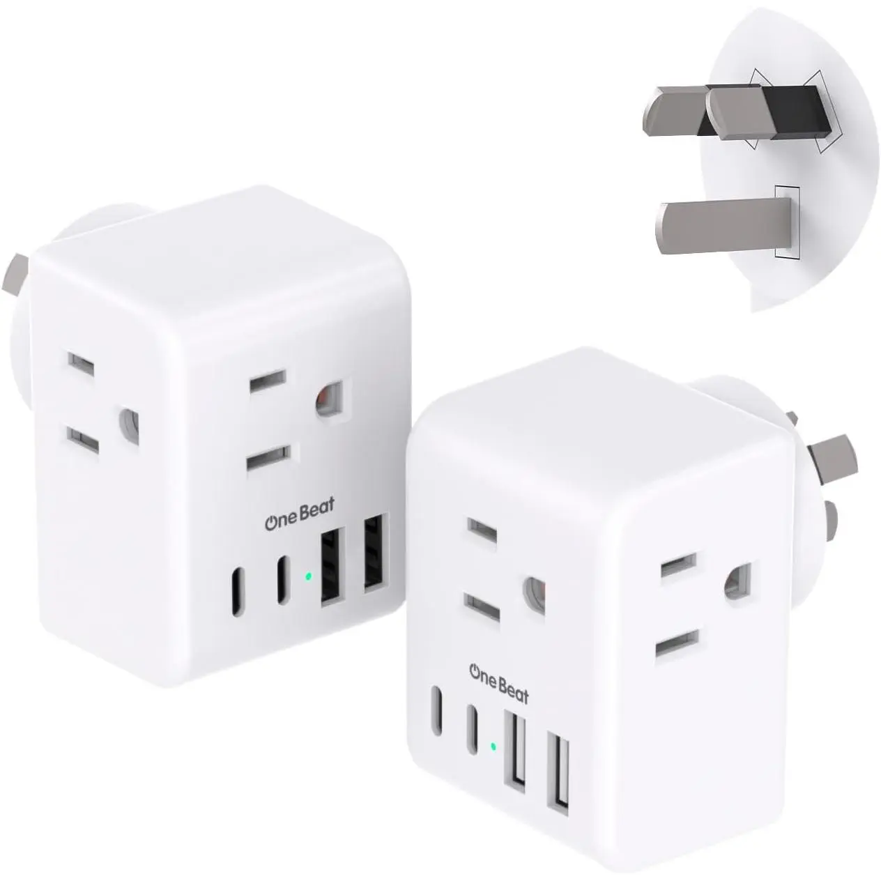 Compact Form Universal Travel Adapter 2-Pack, 7-in-1 Type I Australia Plug Converter with 3 AC Outlets, 4 USB Ports Including Type C for Camping & Hiking