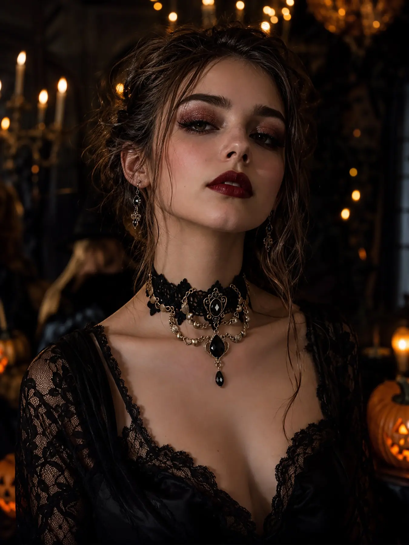 5Pcs Gothic Black Lace Choker Necklace Set for Women, Adjustable Victorian Steampunk Vampire Neck Collar with Black Gem Pendant Beads, Elegant Vintage Goth 90s Y2K Statement Jewelry, Halloween Cosplay Wedding Party Rock Costume Accessories Gift