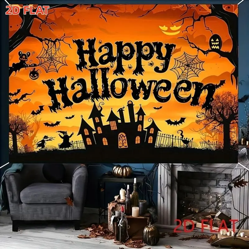 2D Flat, 1pc banner Item for a Halloween Party Backdrop Featuring Spooky Pumpkins, Bats, And a Misty Forest Scene | Made of Durable Polyester | Ideal for Home Decor, Outdoor Garage Door Celebrations