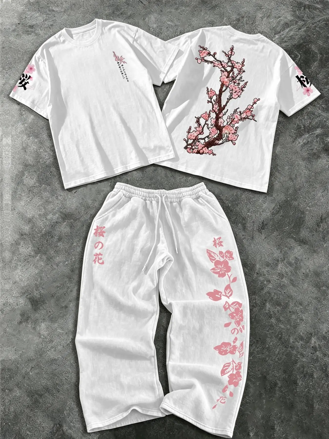 Japanese Style Cherry Blossom, Sakura Short Sleeve Loose Fit Straight Leg Pants Set, Men's Fashion Ensemble