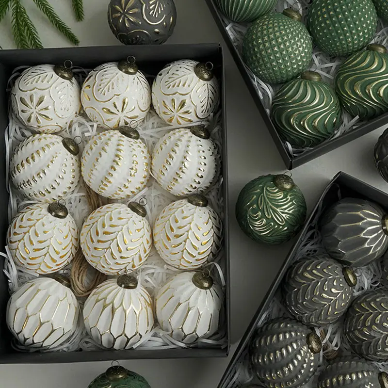 12pcs PVC Texture Christmas Balls, 3.2 Inch Retro Rustic Tree Decorations, Farmhouse Vintage Hanging Ornaments, Indoor Home Decoration Ornament Set