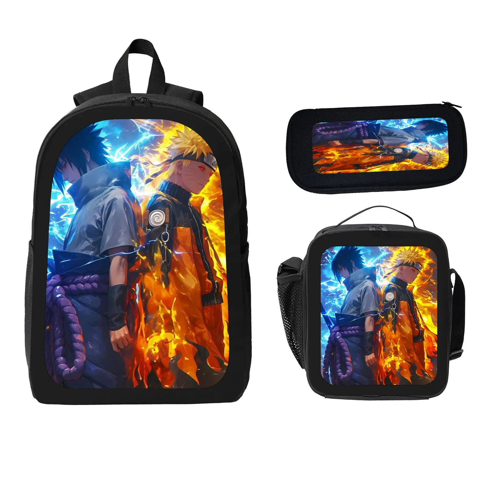 Kids' Unisex Anime Theme Sasuke Character Print 3-Piece School Backpack Set, Large Space Water Resistant Bookbag with Insulated Lunch Bag & Pencil Case for Elementary-Middle School, Travel Days