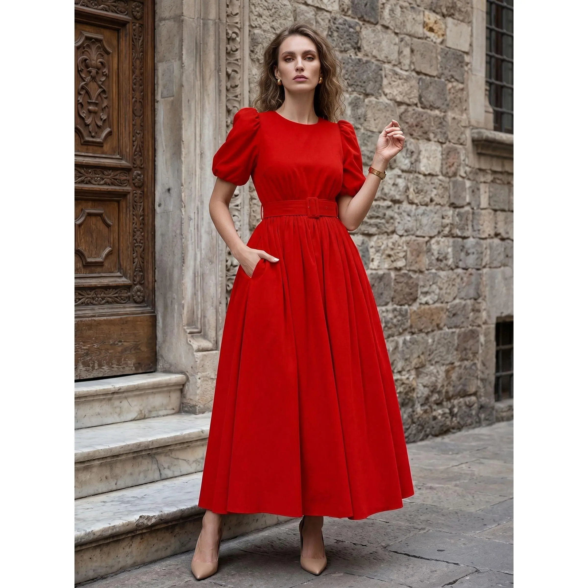 Puff Sleeve Belted Midi Dress