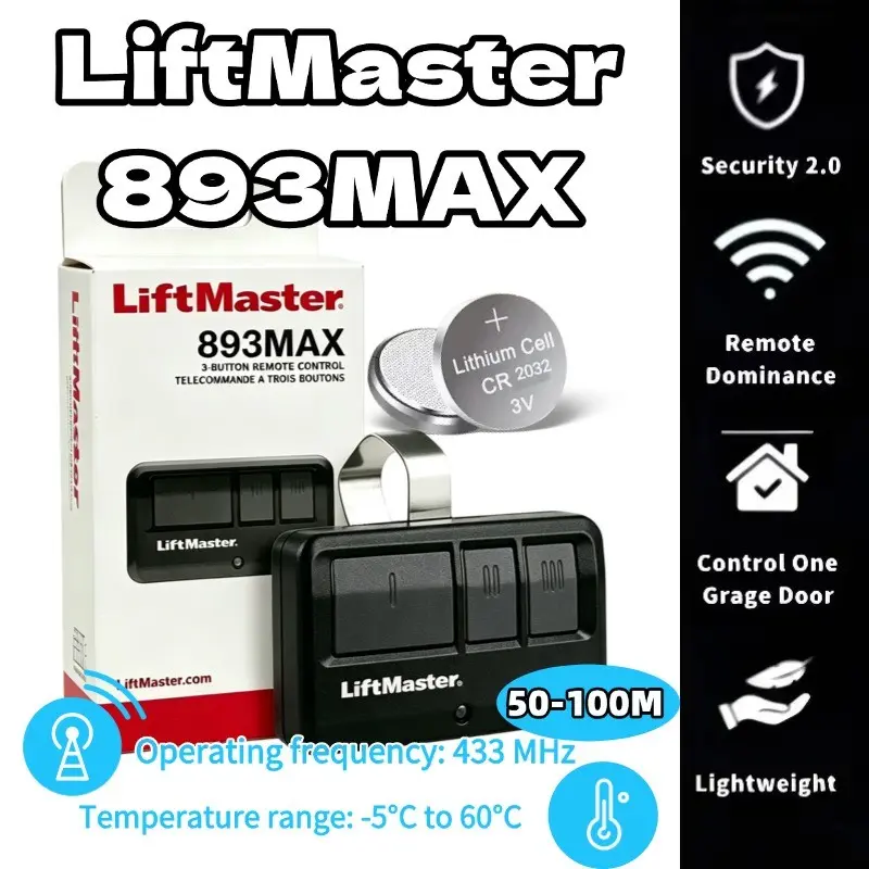 Liftmaster 893max Universal Garage Door Remote, Multi-Frequency Transmitter, Keychain with Sunshade Clip, Compatible with Myq & Security+ 2.0