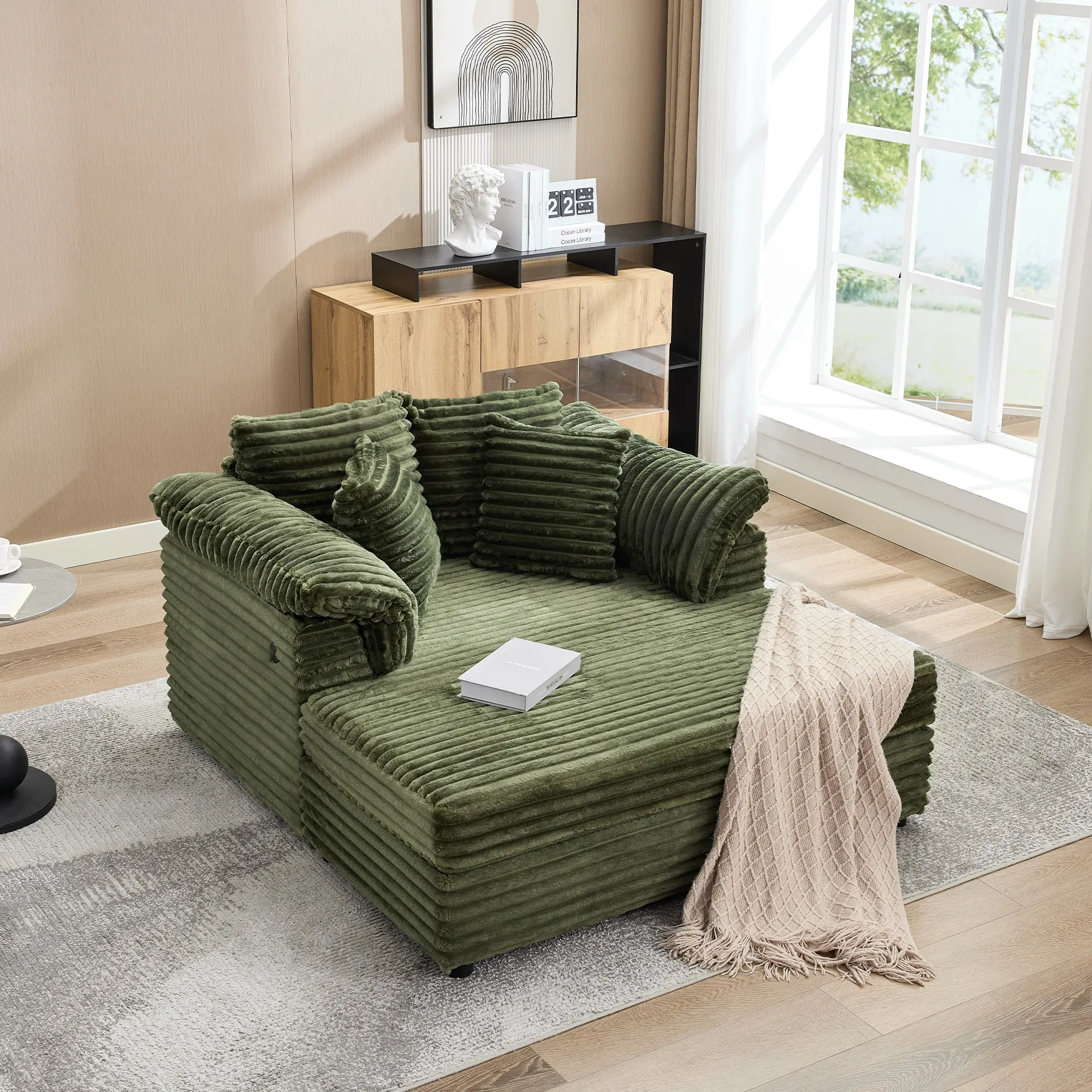 Oversized Chaise Lounge Chair Indoor Upholstered Sofa Bed with Throw Pillows and Armrests Comfy Corduroy Sleeper Couch with Cup Holders and Charging Port for Living Room Bedroom 60 Inch Wide Green