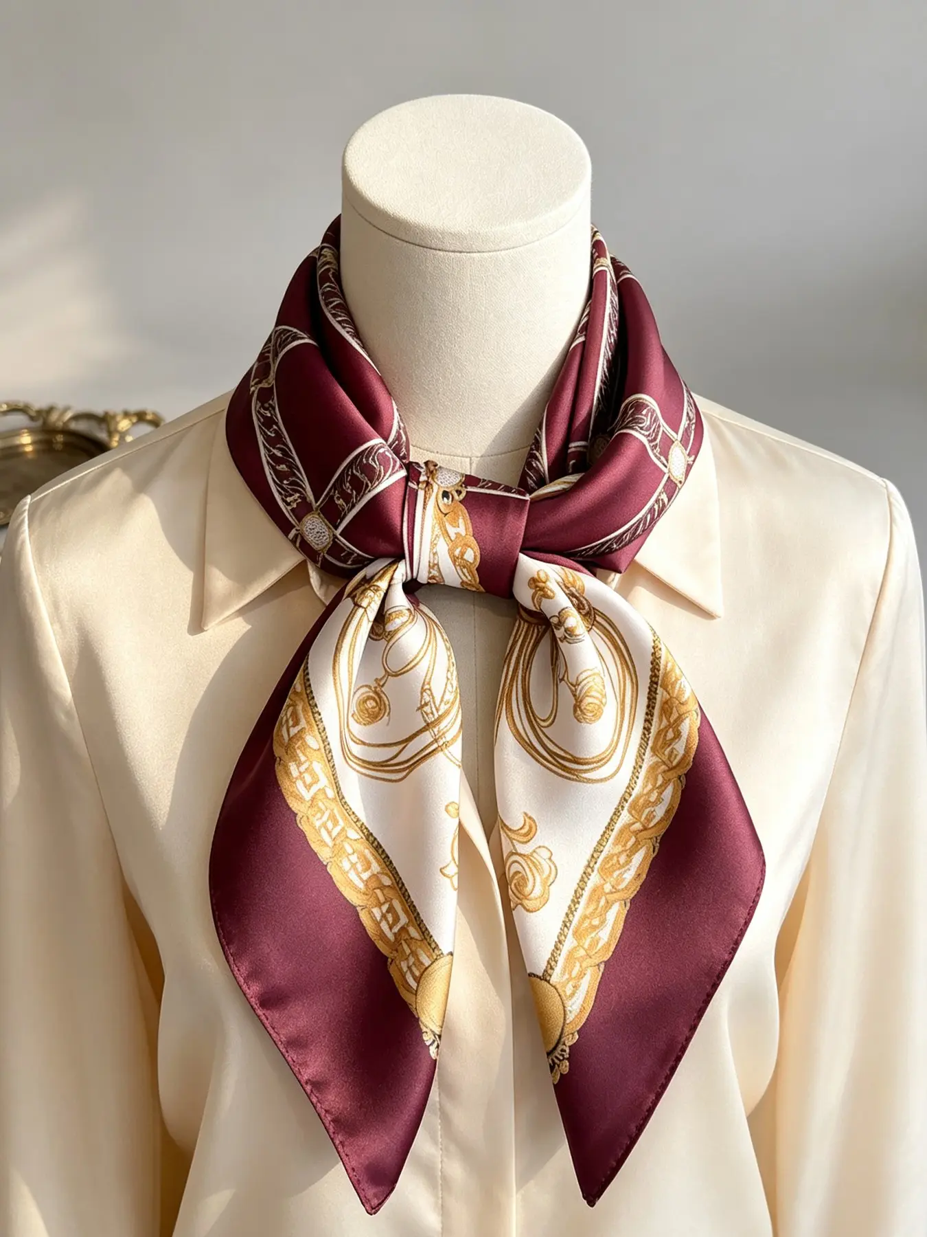 Burgundy Gold Chain Lattice Floral Print Satin Scarf, Luxury Vintage Bandana, Versatile Neck Tie, Hair Wrap, Wedding Office Accessory, Gift for Her