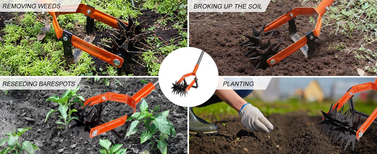 Rotary Cultivator Garden Tool, Adjustable Long Handle Hand Tiller with Star-Shaped Rolling Tines, 2-in-1 Weeder & Soil Aerator for Lawn Care, Reseeding Grass, Soil Mixing, Manual Yard Tiller