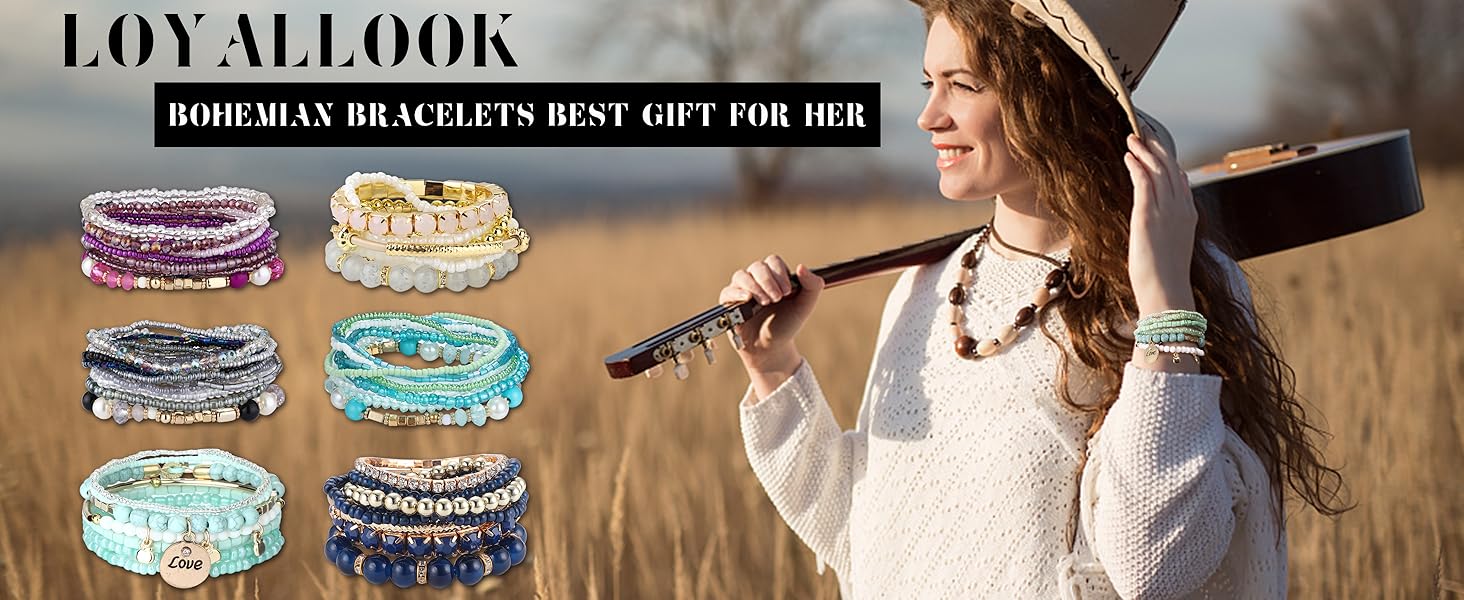 Loyallook 6 sets bohemian stackable bead bracelets for women stretch bohemian style stretch multilayered boho bracelet set