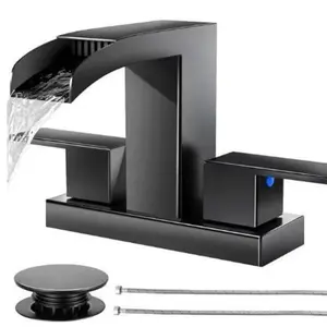 Waterfall Bathroom Faucets 3 Hole, Matte Black Bathroom Sink Faucet Square 4 Inch Centerset with Pop-Up Drain, 2 Handle and 2 Supply Hoses, Lead-Free Stainless Steel for Vanity Sink