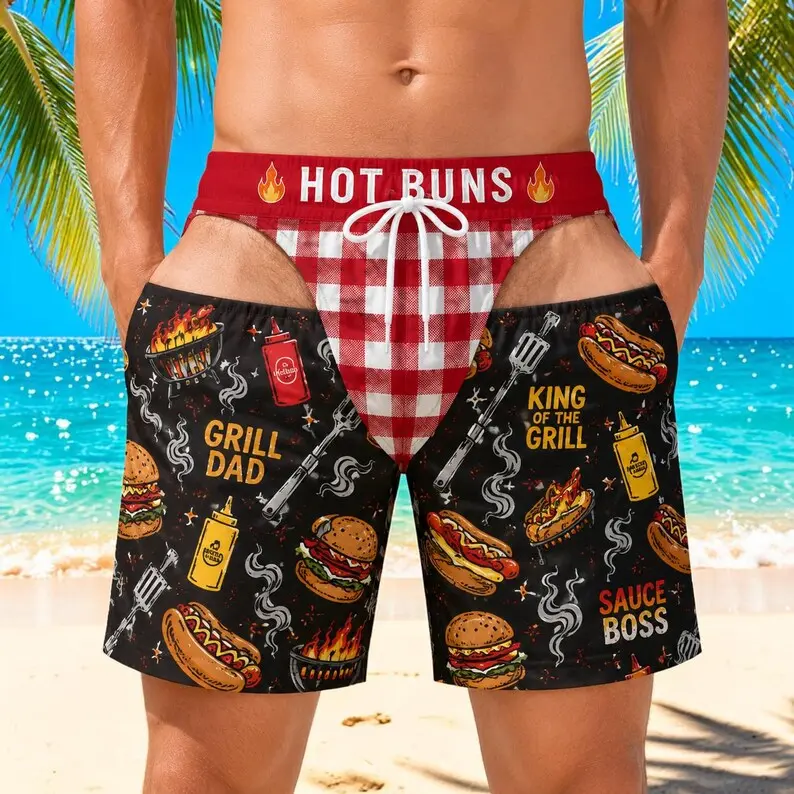 Mens Novelty Grill Dad BBQ Burger Graphic Print Beach Shorts, Hot Buns Plaid Waistband, Funny Barbecue Swim Trunks for Men, Summer Beach Pool Party