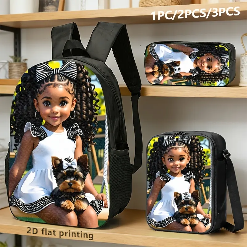 1/2/3-Piece Set (Backpack, Lunch Bag, and Pencil Case): Featuring a heartwarming and cute design of a dark-haired girl hugging a puppy, these items come with adjustable straps and zipper closures. Suitable for young girls for daily use—whether for school,