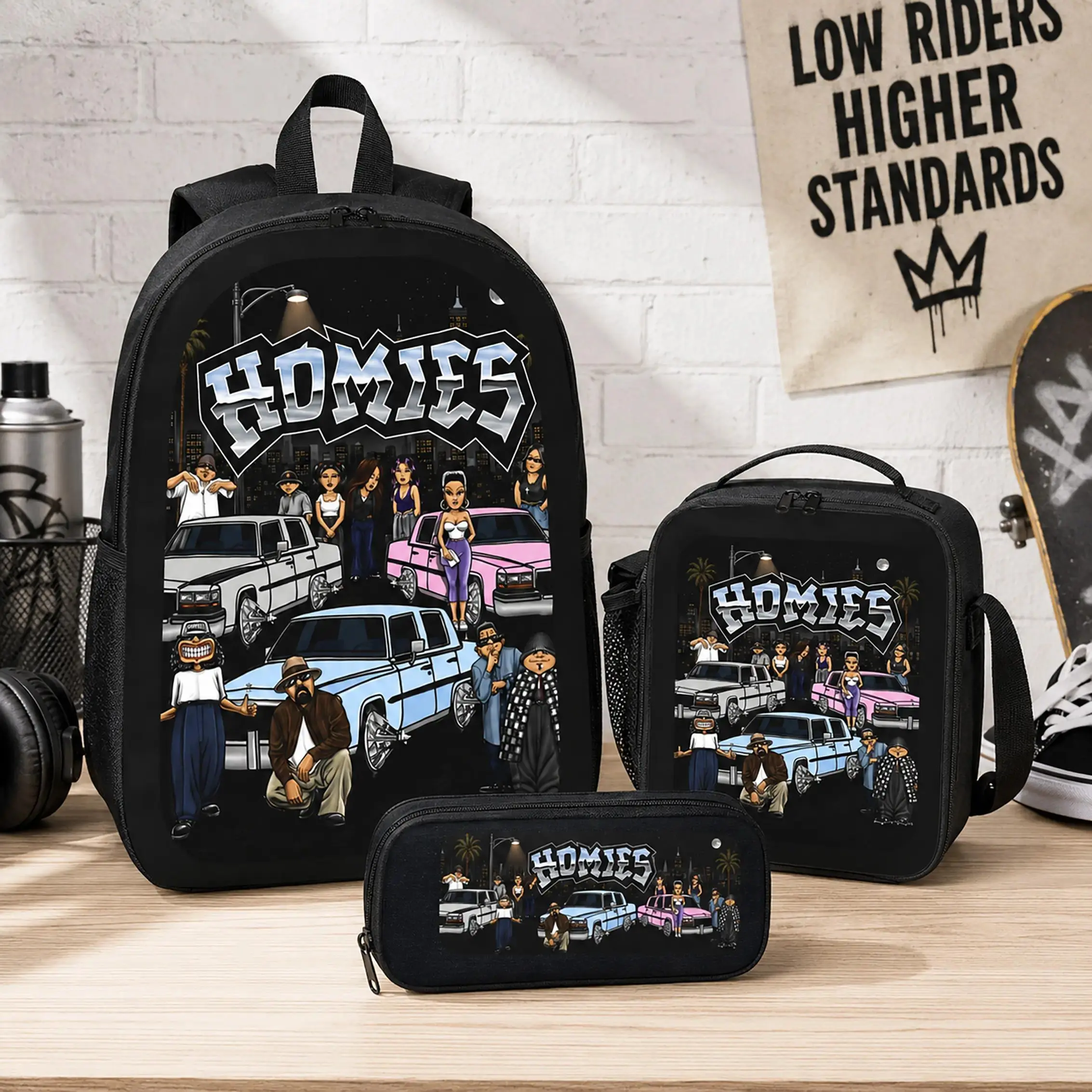 HOMIES 3 Piece Backpack Set Polyester Backpack Lunch Bag Pencil Case Large Capacity Lightweight Breathable Urban Street Style Lowrider Car Graphic Cartoon Bookbag Back To School Travel Daily Use For Kids Boys Girls Teens Students