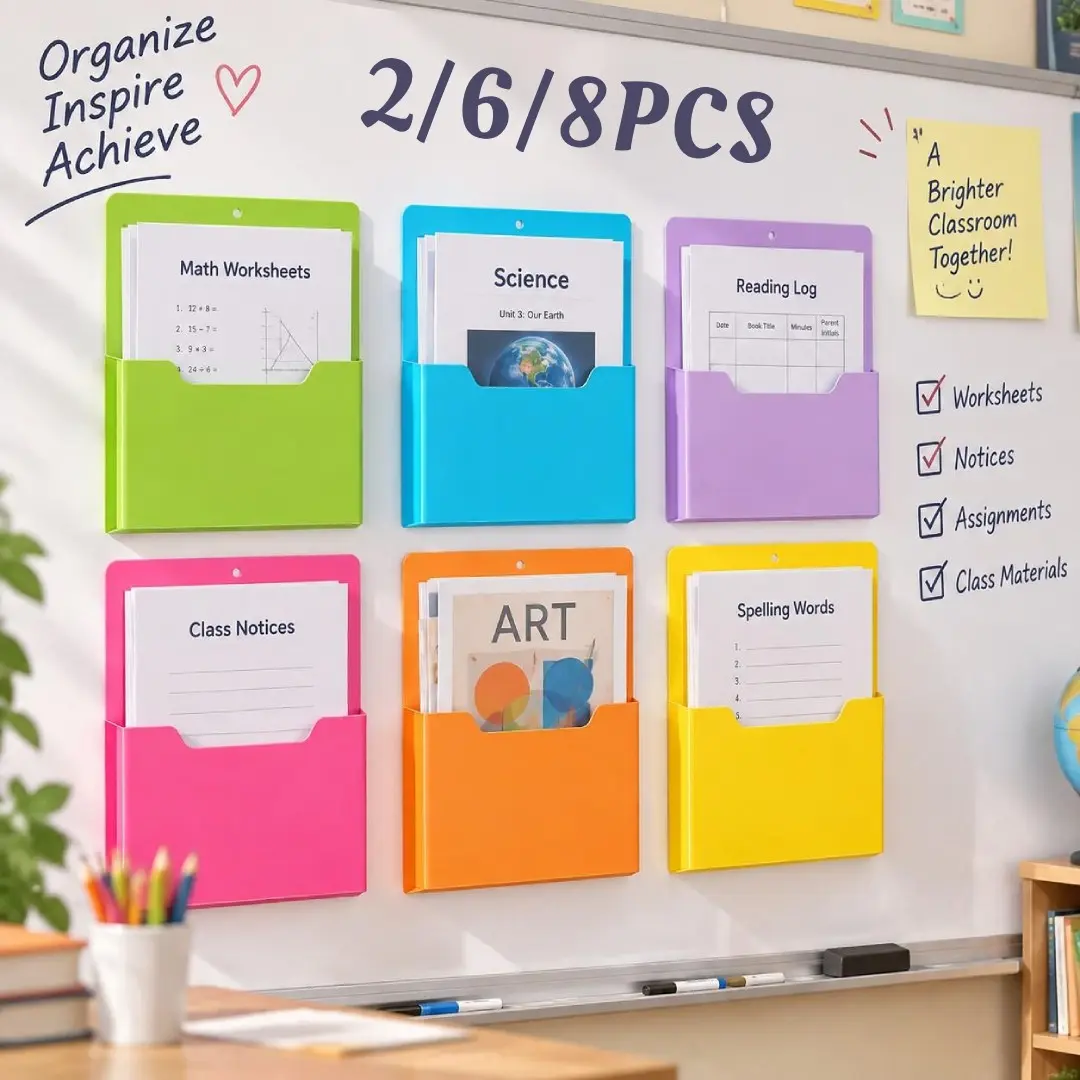 Magnetic File Folder 2/6/8 Pcs File Organizer for Classroom Wall Mounted Storage Refrigerator Magazine Mail Letter and Paper Holder for Teacher Organization School Whiteboard Office Classroom Supplies Classroom Must Haves, Back To School/Christmas Gift