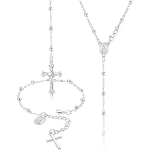 Se2Pcs 925 Sterling Silver Rosary Necklace & Bracelet Jewelry t for Women, Virgin Mary Medal Cross Pendant Charm Chain Bracelet Y Necklace for Women Men, 20 Inches