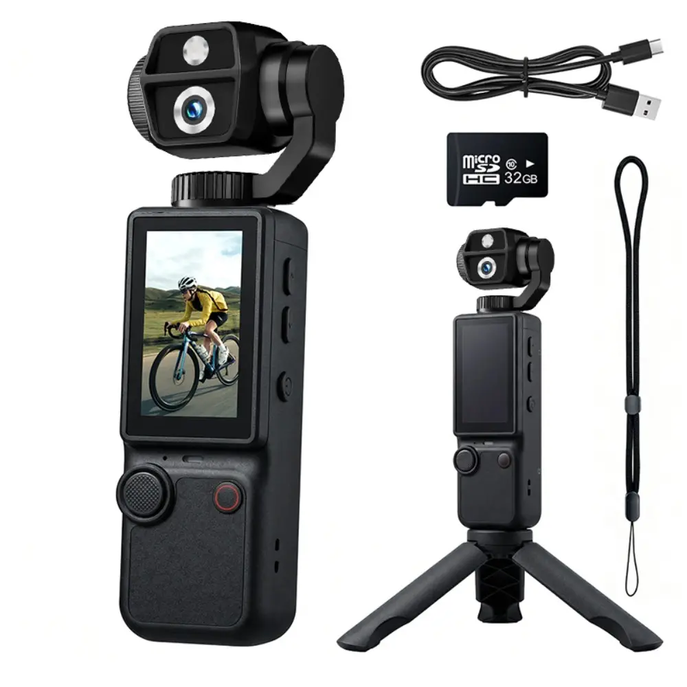 The Camera Lens Can Rotate 180° and Is Equipped with Auto-focus. Lightweight and Portable, It Suits Various Outdoor Activities and Daily Vlog Shooting, and Comes with A 32GB Memory Card and A Tripod.