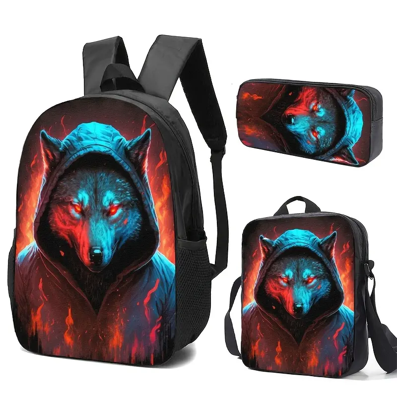 A Three-Piece Set Including a Backpack, Pencil Case, And Crossbody Bag, All Featuring a Blue And Red Flame Wolf Head Design. The Style Is Sci-Fi And Cool, with Adjustable Shoulder Straps for Practicality. The Large Capacity Is Useful