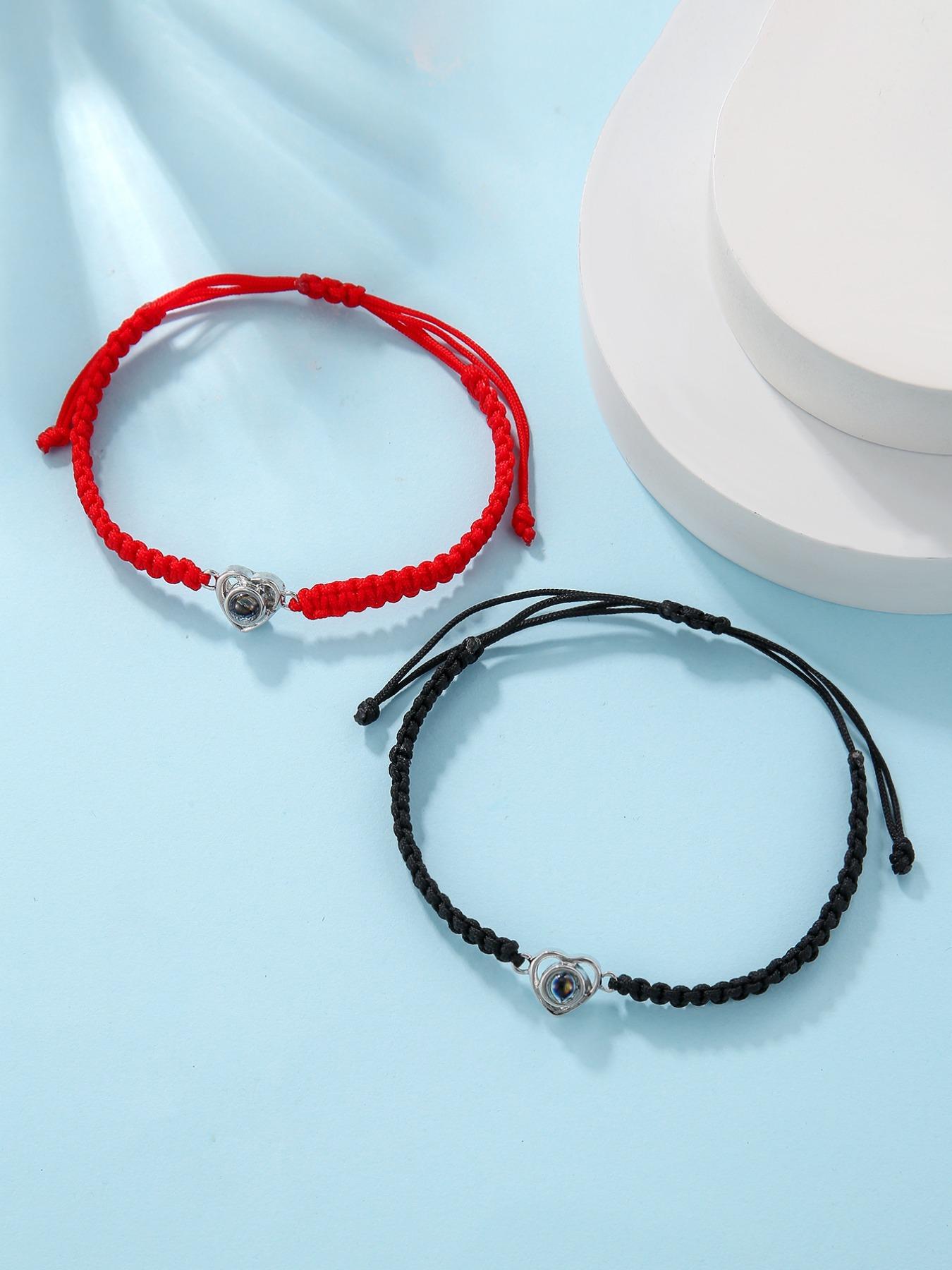 Unisex Street Trend Heart Charm Bracelets, Matching Heart Bracelets, 2pcs/set Couple Bracelet Set Trendy Drawstring Design Bracelets, Chic All-match Jewelry As Birthday Gift for Lovers, Valentine's Day, Gift, Fashionable Couple Bracelet