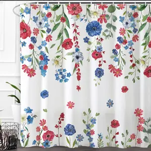 Patriotic Floral Shower Curtain 72 W x72 H Inch, God Bless America 4th of July Memorial Day Independence Day Stars Shower Curtain Waterproof Fabric Bathroom Bath Decor with Hooks