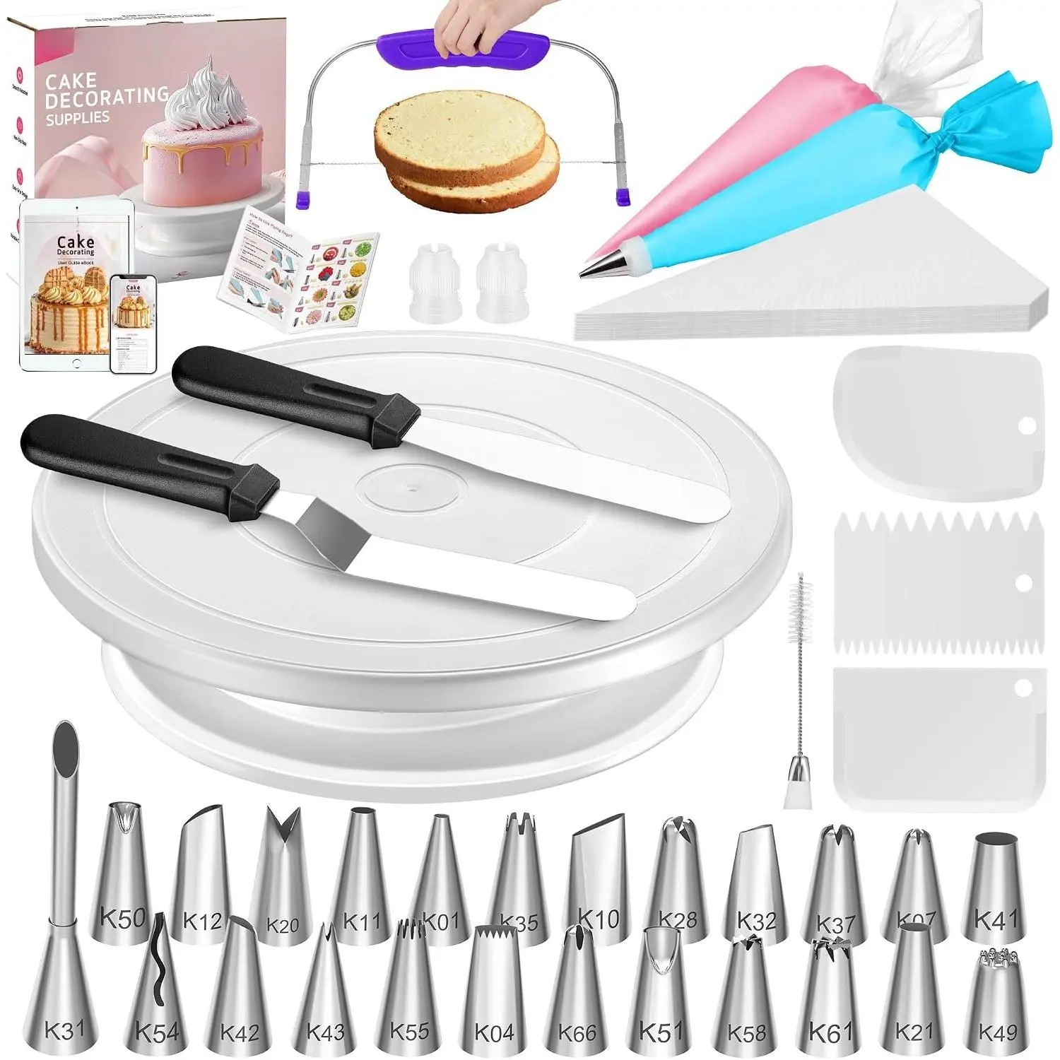 65 count Cake Decorating Kit with Cake Stand Turntable, Cake Baking Supplies 30+1 Piping Bags, 24 Piping Tips, Offset & Straight Spatulas, 3 Scrapers, Leveler, 2 Couplers & 1 Tips Brush