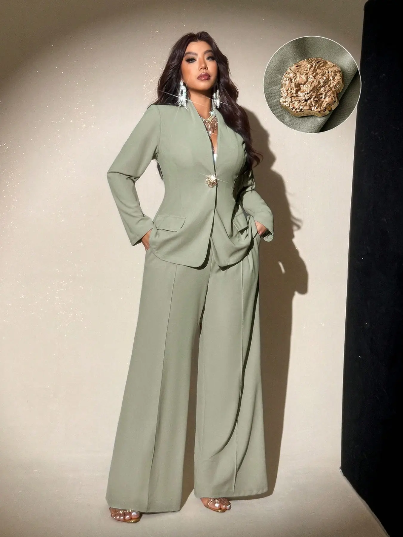 Plus Size Women's Plain Suit Set, V Neck Blazer with High Waist Wide Leg Pants, Metal Button, Pocket, Casual Office Wear, Formal Events, Elegant