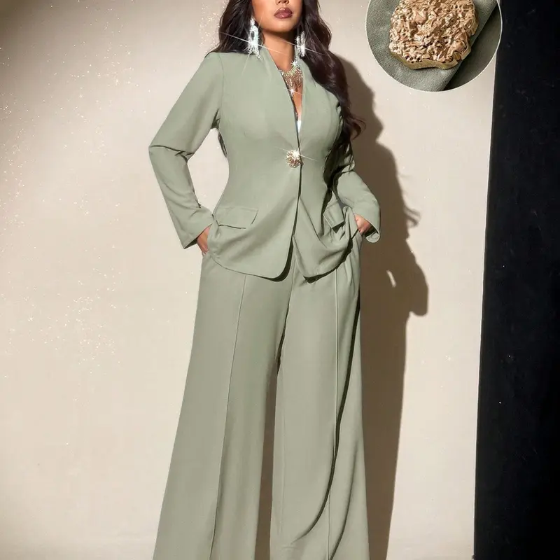 Plus Size Women's Plain Suit Set, V Neck Blazer with High Waist Wide Leg Pants, Metal Button, Pocket, Casual Office Wear, Chic Office Workwear, Formal Events
