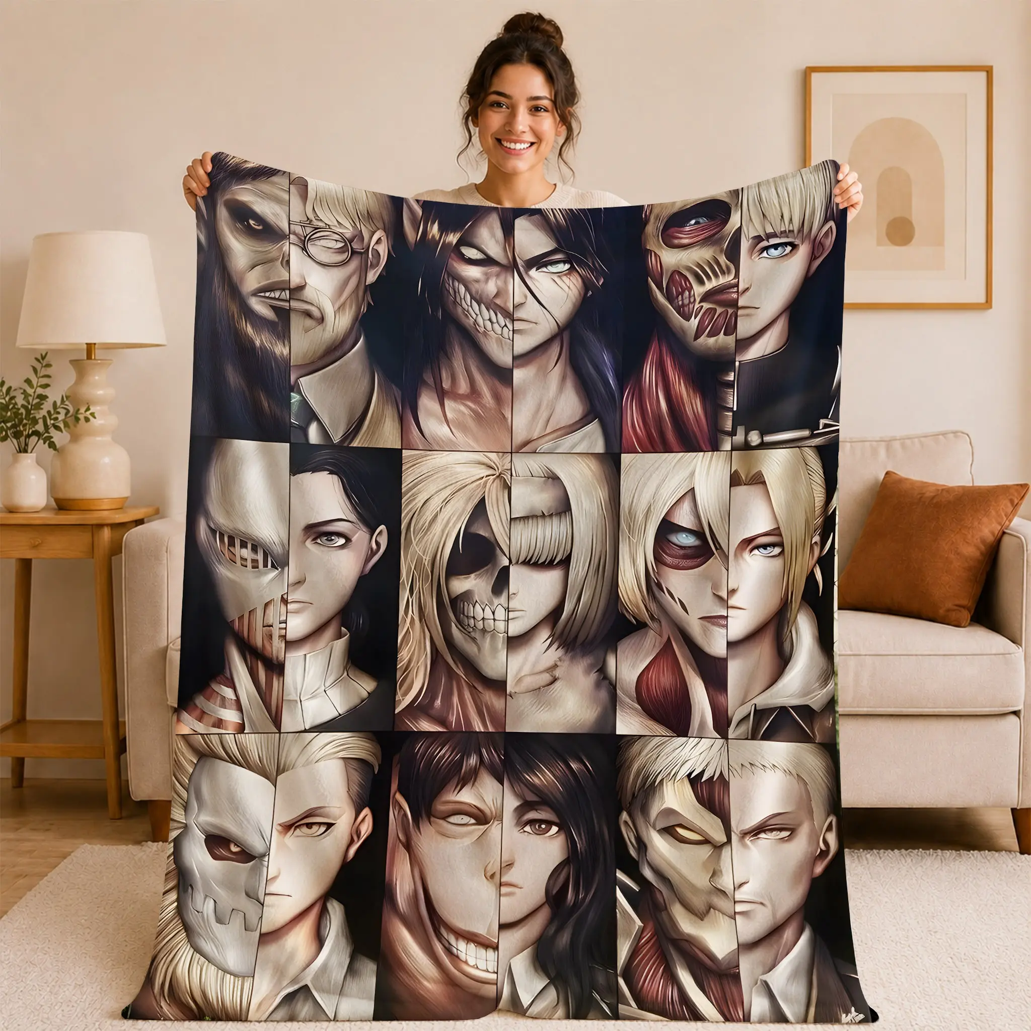 Shingeki No Kyojin Flannel Blanket, Human and Titan Form Print, Ultra Soft and Warm, Living Room Sofa Bedding Throw, Cozy Home Decor