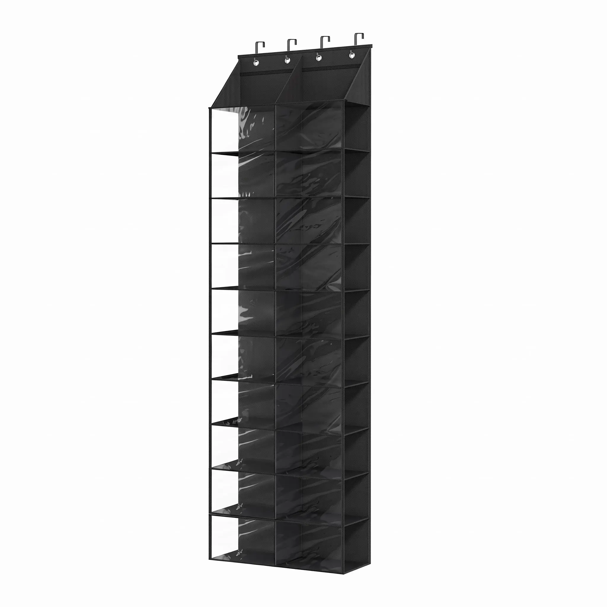10 Tier Over The Door Shoe Organizer with 24 Clear Visible Pockets, Space Saving Non-Woven Fabric Shoe Storage Rack Included 4 Sturdy Metal Hooks, Perfect Black Storage Solution for Closet, Wardrobe, Hallway & Narrow Kitchen
