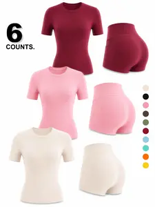 Women's Fitness Set, Casual Comfortable Sportswear, Slim Fit Short Sleeve Top, High Waist Tummy Control Shorts, All Seasons
