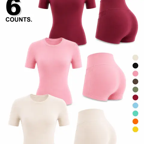 Women's Fitness Set, Matching Gym Set, Fitness Activewear, Casual Comfortable Sportswear, Slim Fit Short Sleeve Top, High Waist Water-Resistant Shorts, All Seasons, Fitness Outfits