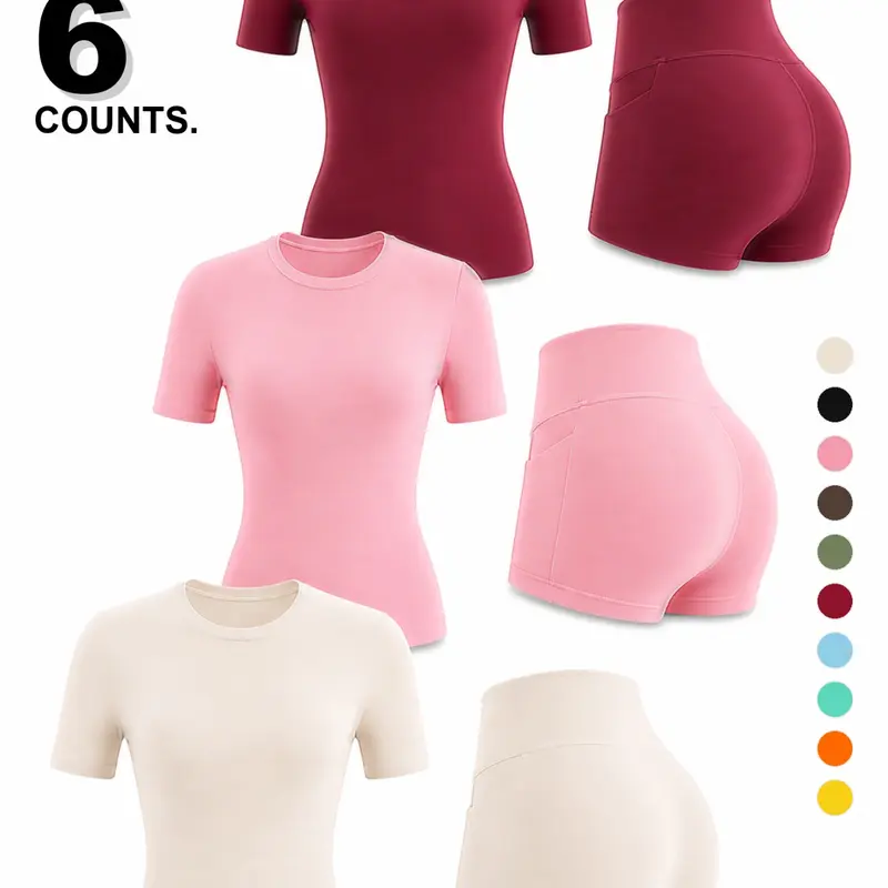 Women's Fitness Set, Matching Gym Set, Fitness Activewear, Casual Comfortable Sportswear, Slim Fit Short Sleeve Top, High Waist Water-Resistant Shorts, All Seasons, Fitness Outfits