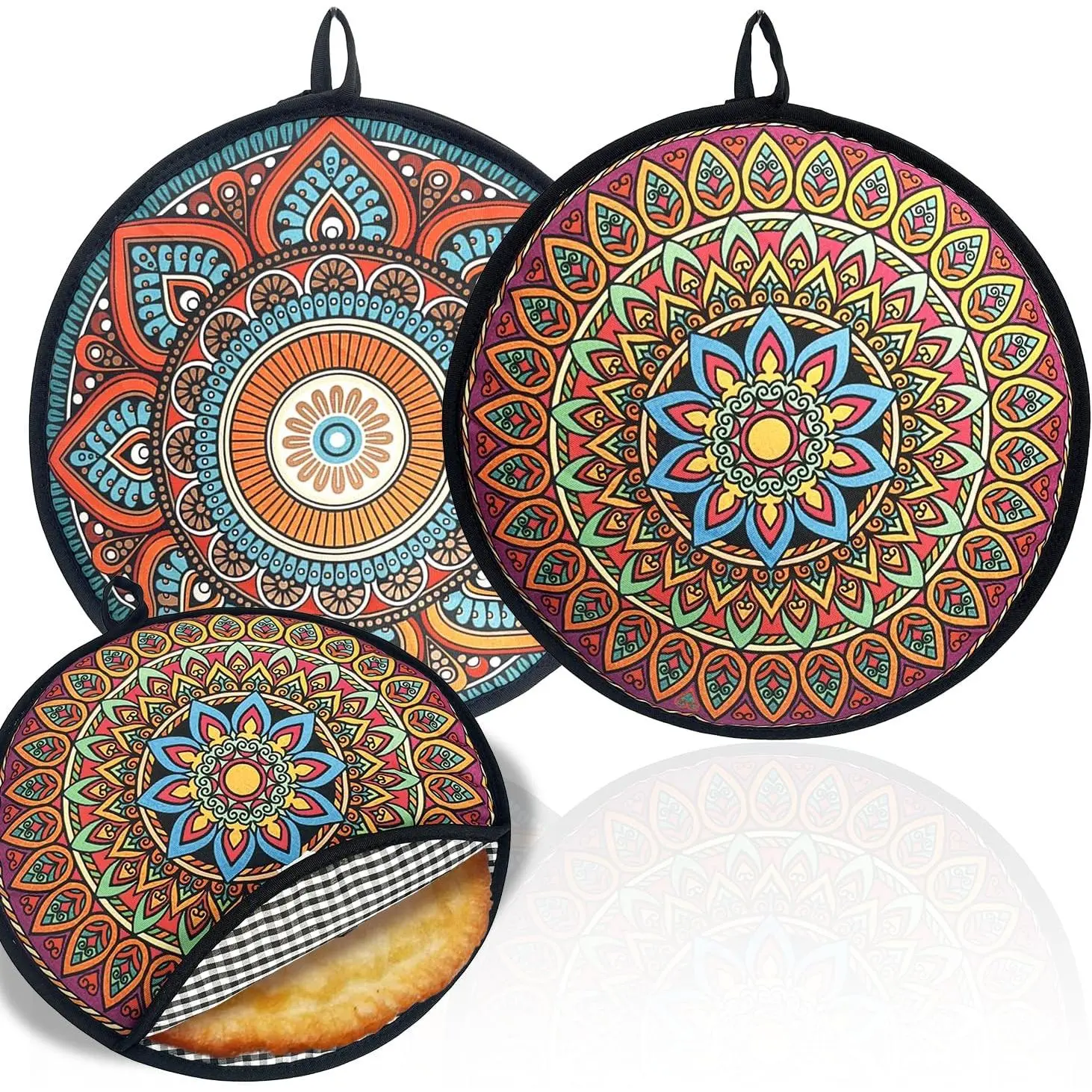 2 Pack 12 Inch Large Tortilla Warmers | Mandala  Insulated Microwaveable Fabric Pouch | Keeps Tacos, Naan, Pizza & Flour Tortillas Warm