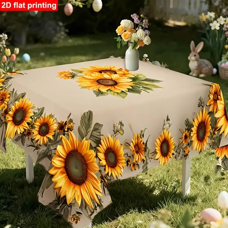 Sunflower Print Tablecloth, Lace Trim Design, Ideal for Indoor and Outdoor Decor, Perfect for Parties and Holidays
