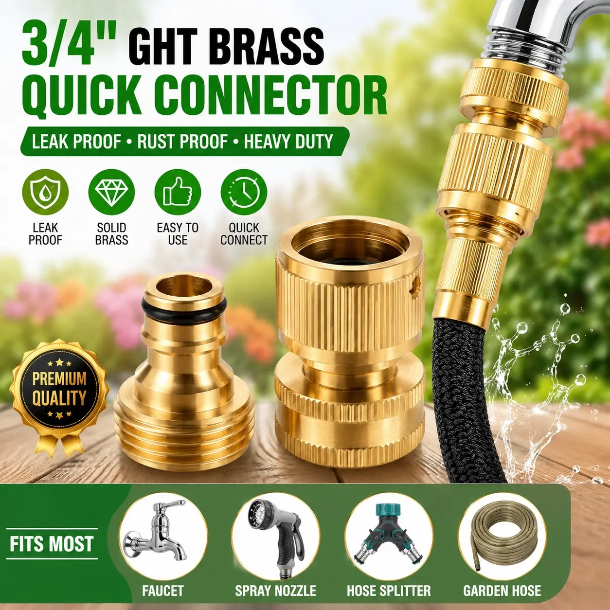 Garden Hose Quick Connector, 1 PCS Solid Brass 3/4 Inch GHT Thread Fitting(NO Sprayer), No-Leak Water Hose Female & Male Adapter, Garden Hose Connectors, Garden Hose Quick Connect Fittings