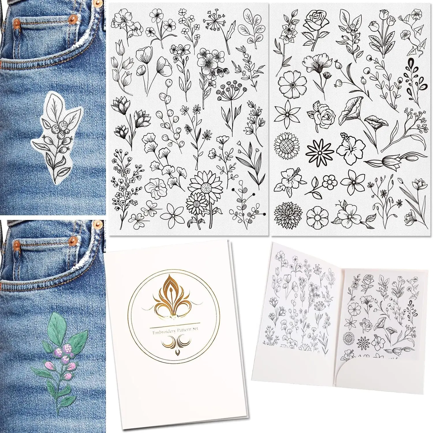 50 count Embroidery  Water Soluble Embroidery Stabilizers, Stick and  Embroidery Paper Wash  with Pre-Printed  Designs Stencils Transfers for Hand Sewing Lover Beginner