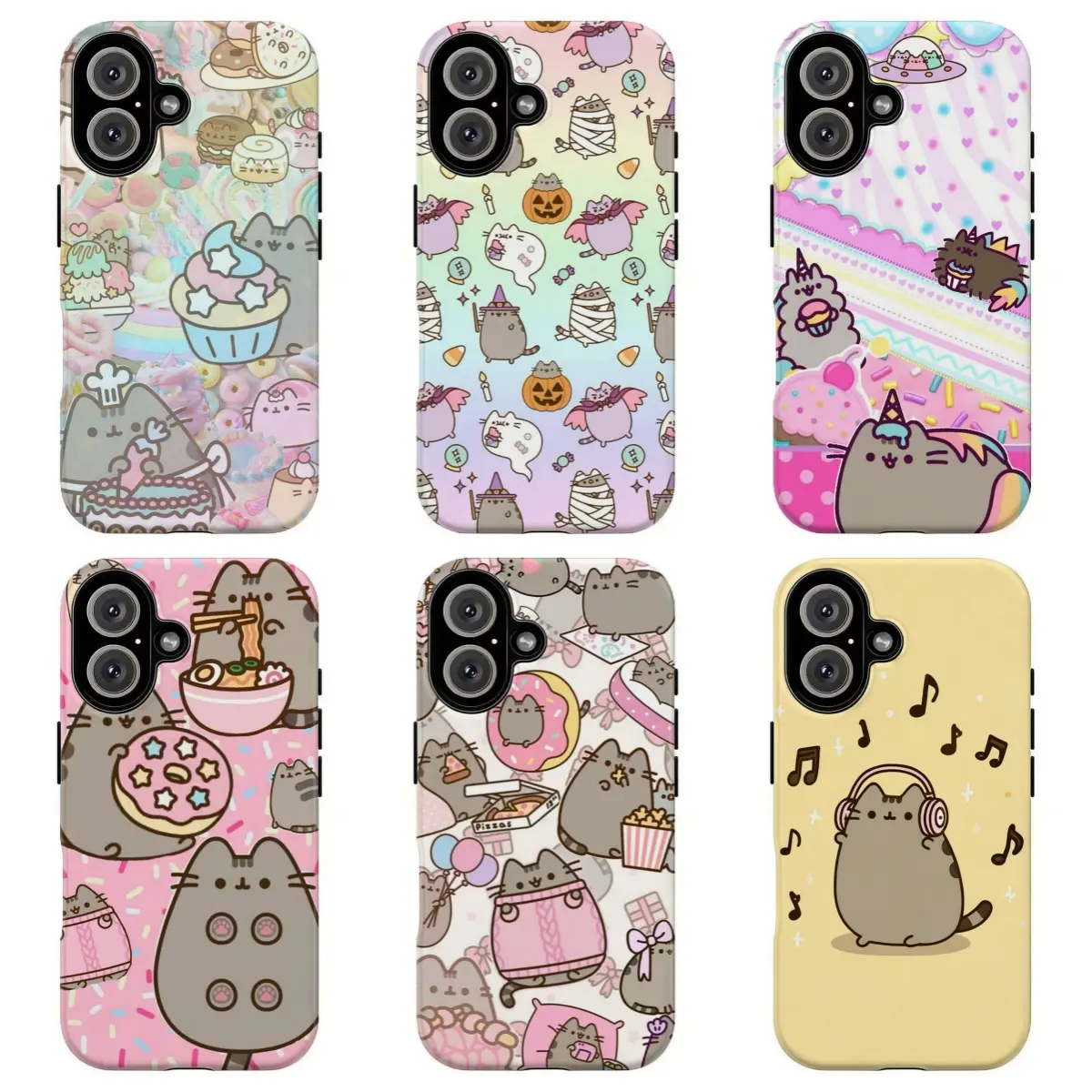FL-Pastel Pink Yellow Rainbow Pushe3n Cat Phone Case,Kawaii Sweets Food Music Unicorn Cute Cartoon Print Protective Cover For iPhone 11 12 13 14 15 16 17 Air Pro Max for Samsung S26 S25 S24 S23 S22 S21 Case,Gift for her/him