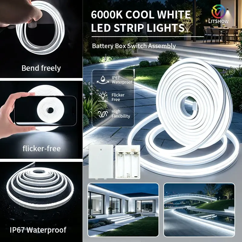 White Neon Light Strip With Battery Box (Battery Not Included), Wireless And Portable, IP67 Waterproof Grade. No Need Socket Wiring, Super Easy To Install. One Button Switch For Easy Control, Support Free Cutting As Needed Without Waste. Perfect For