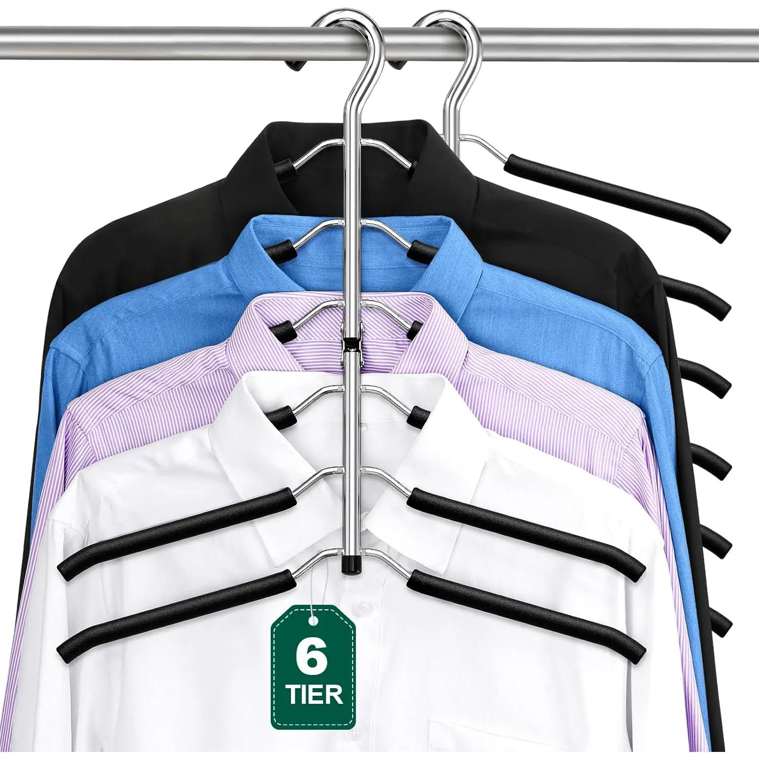 DOIOWN - 6-Tier Space-Saving Coat Hangers - With Padded Non-Slip Foam, Black Metal Hangers for Sweaters and T-Shirts for Men and Women, Closet Organizers