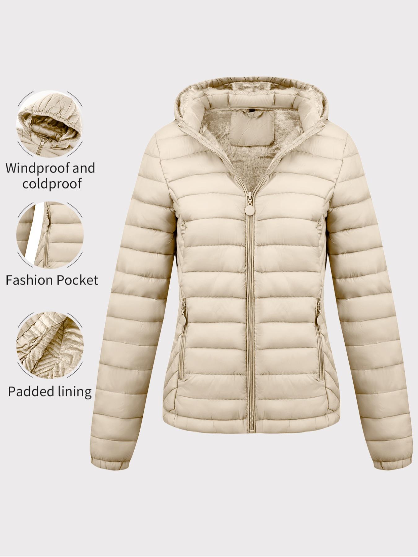 Women's Winter Cotton Jacket, Casual Fitted Hooded Coat with Pockets and Zipper, Warm Lightweight Commuter Outerwear for Fall & Winter