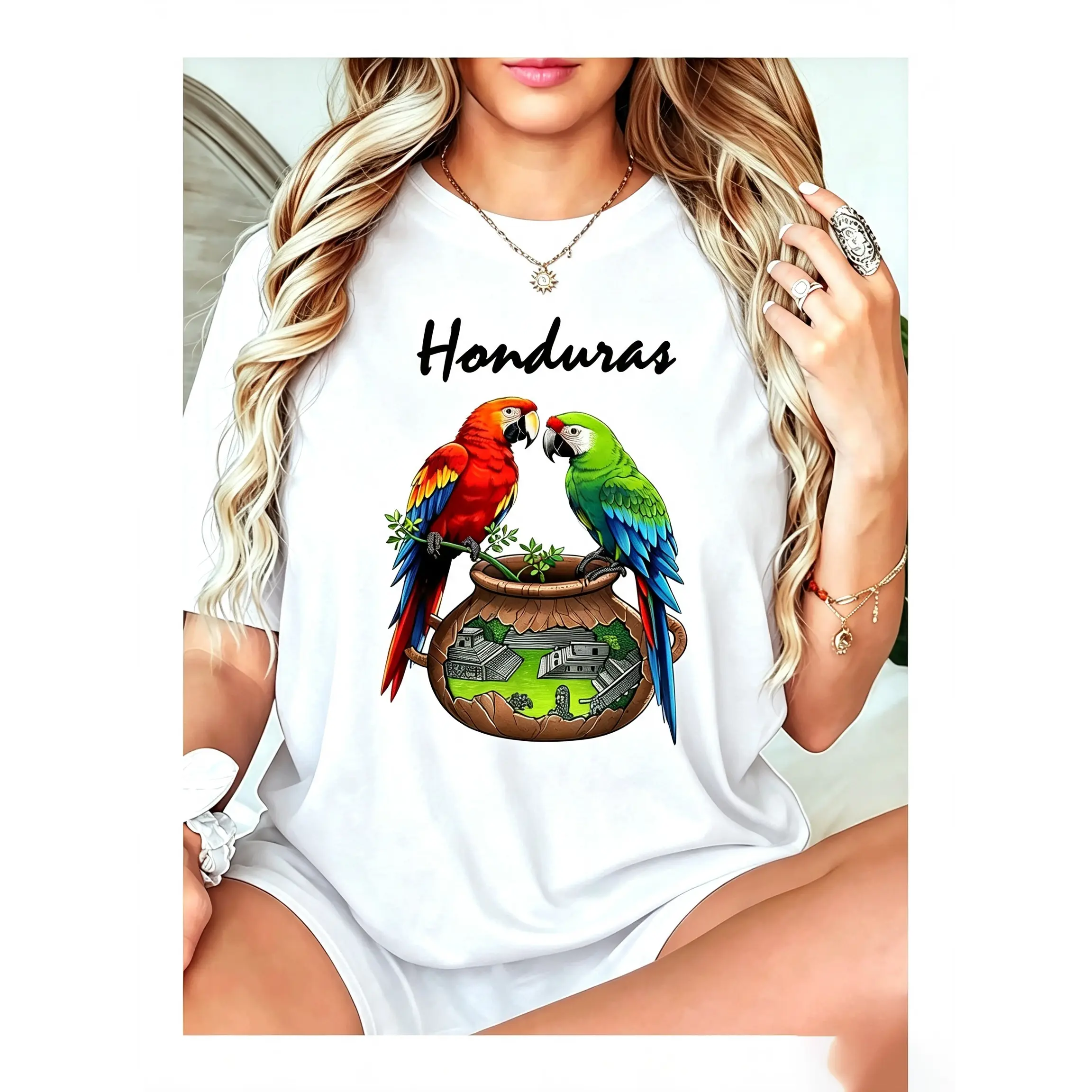 Unisex Short-Sleeve Fitted Sports Top - Honduras Parrots & Central American Cultural Landscape Print, Soft Cotton Twill Breathable Streetwear for Heritage-Inspired Casual Wear