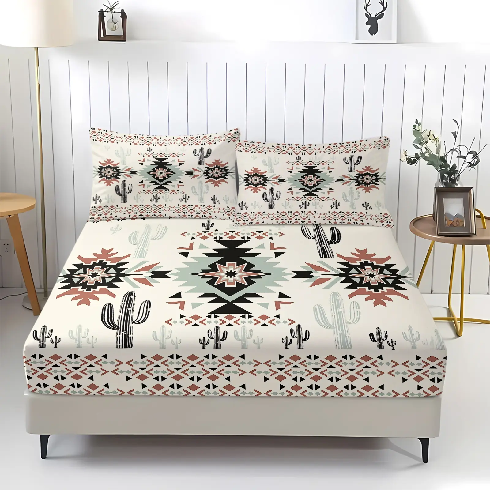 Retro Western Boho Navajo Saguaro Cactus Print Fitted Sheet Set, 1 Fitted Sheet & 2 Pillowcase, Machine Washable Wrinkle Resistant Bedding, Cream Beige Desert Tribal Girls Bed Set All Size, Cottage Dorm Room Decoration