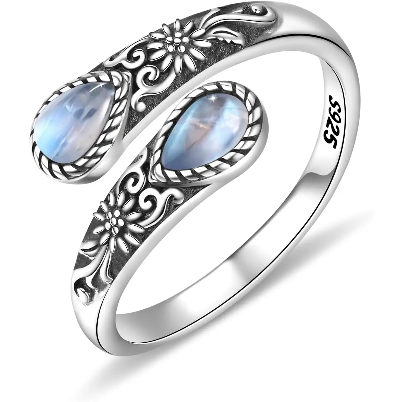 Vintage S925 Sterling Silver Adjustable Moonstone Ring, Floral Engraved Open Cuff Ring with Twin Teardrop Moonstones, Boho Vintage Statement Jewelry, Hypoallergenic Fashion Ring, Birthday, Anniversary, Mother's Day, Valentine's Day Gift for Women