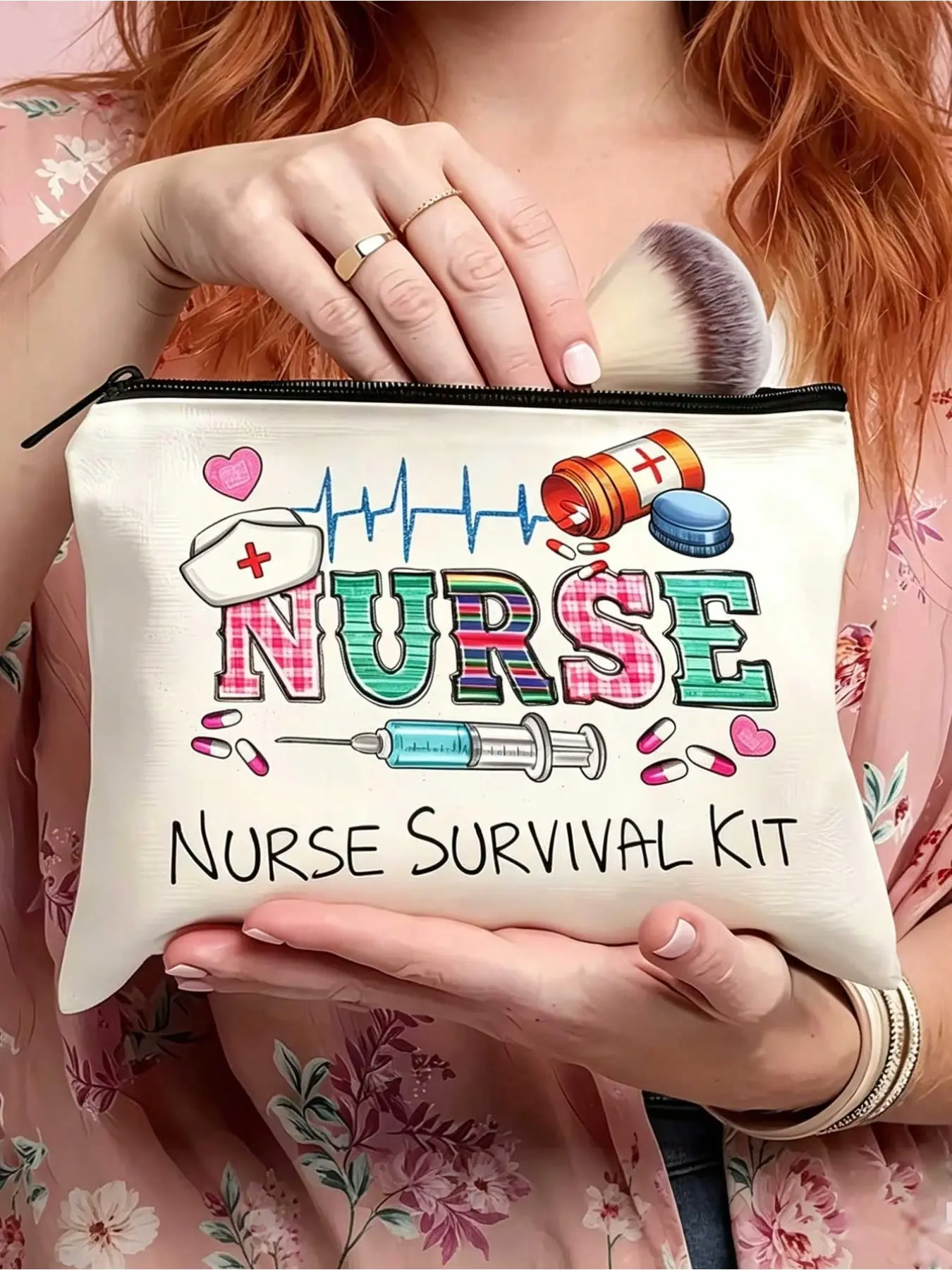 1pc Color Plaid "NURSE" Letter Print Cosmetic Bag, Nurse Survival Kit Printed with ECG, Syringe, Medicine Bottle & Nurse Cap Patterns, Portable Canvas Toiletry Bag, Perfect Gift for Women & Nursing Students, Storage Pouch for Cosmetics & Skincare Products