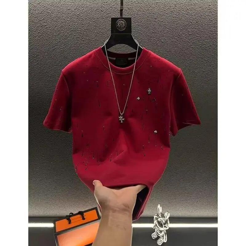 Summer Short Sleeve Men's Top Heavy Craft Light Luxury High-end Meteor Full Diamond T-shirt Men's Round Neck Half Sleeve T-shirt Fabric Menswear Crewneck Shortsleeve Seamless Spandex Stylish Tshirt Streetwear Casual.