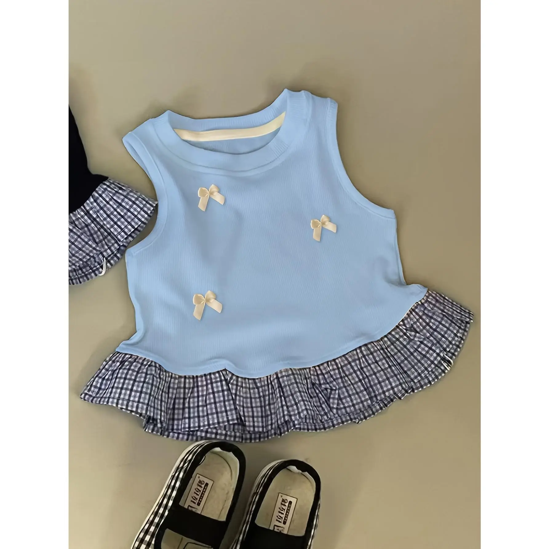 Girls' Regular Fit Crew Neck Knit Vest Top, 2026 Summer New Style, Everyday Use, Comfortable Skin-Friendly 98% Polyester-Elastane Fabric, Sleeveless with Sweet Butterfly Patchwork Blue Grid Lace & Bow Detail, 11-12 Years, 1pc, Hand Wash Only, Prop 65 Safe