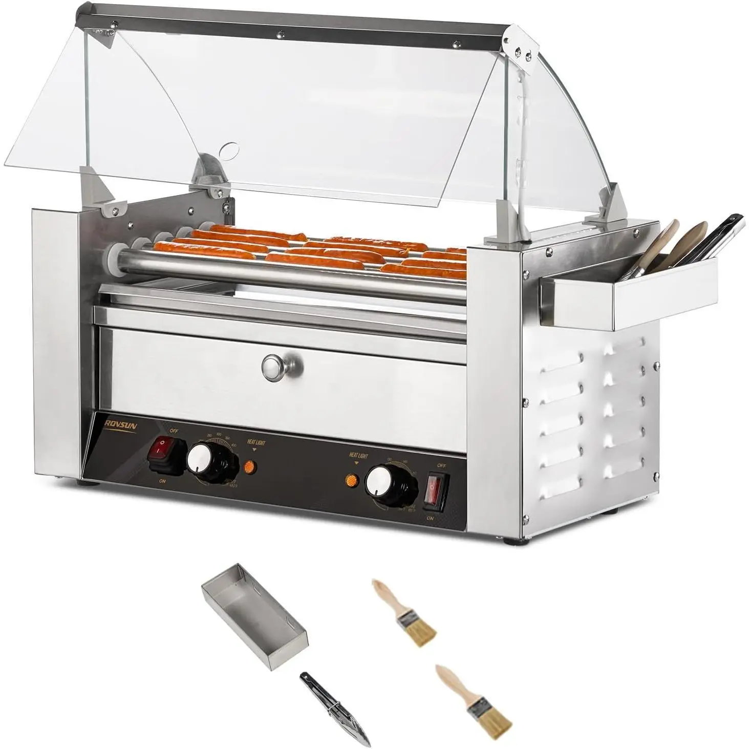 Winado Hot Dog Roller Machine (Kitchen Appliances) - 5 Rollers for 12 Hot Dogs, ETL Certified, 900W, Dust-Free Cover, Warm Buns 86–185°F Dual Temp Control, Bun Warmer, LED, Side Storage Box, Shelf, Drip Tray for Home Commercial Use