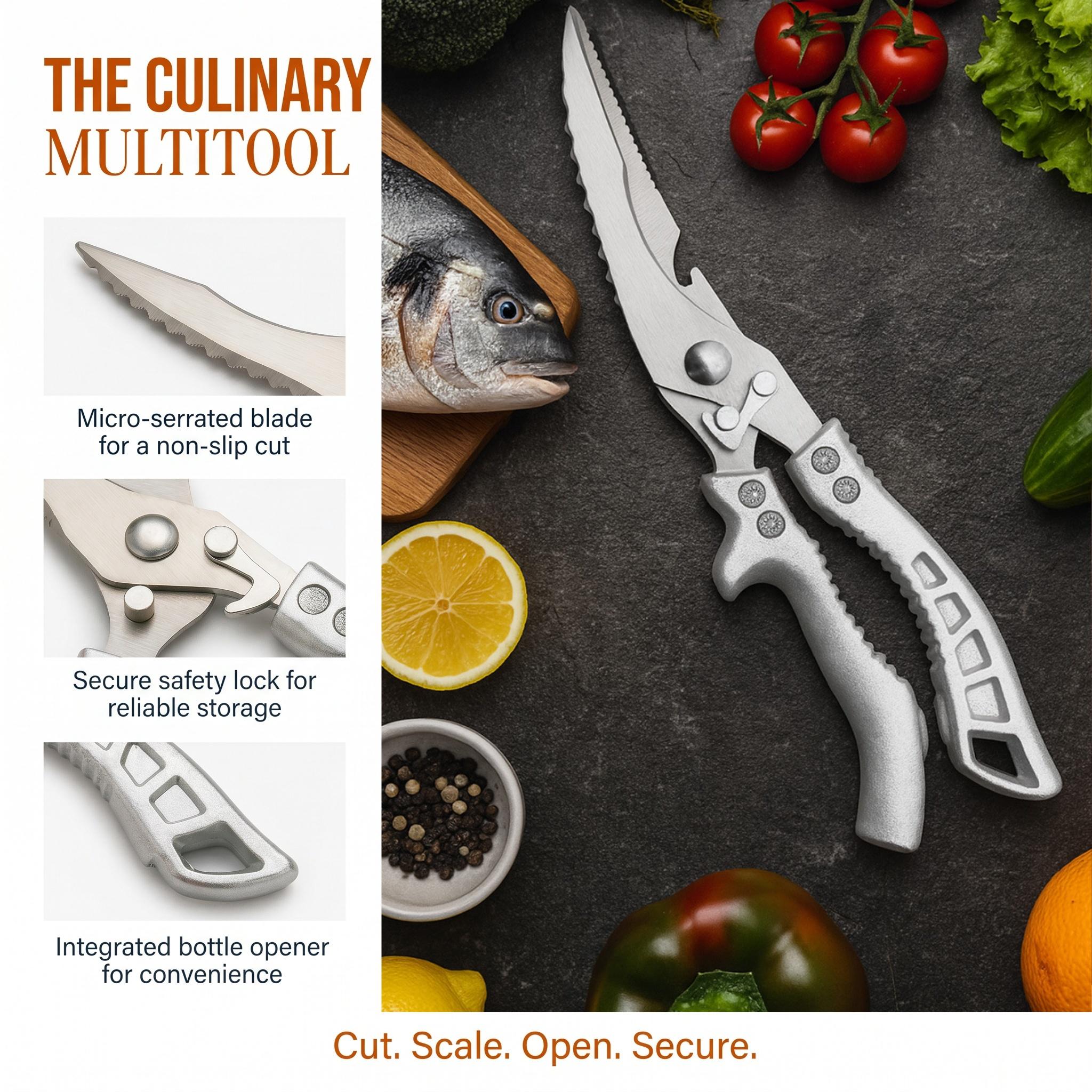 Heavy Duty Stainless Steel Kitchen Shears, Non-slip Grip With Safety Lock, Dishwasher Safe Scissors for Meat Fish Veggie Cutting-MM1