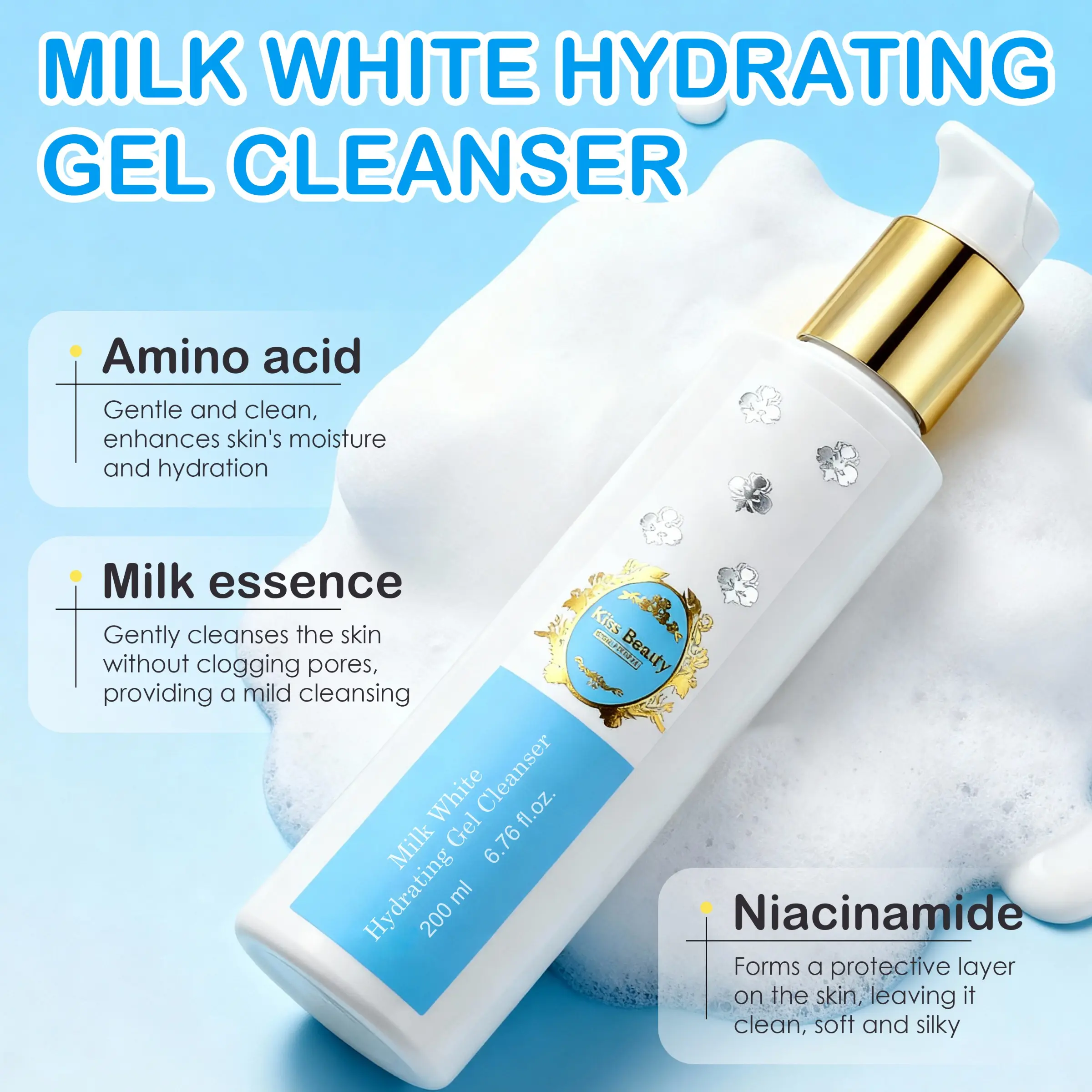 Milk Hydrating Gel Cleanser, Contains Milk Protein & Hyaluronic Acid, Gentle Mild Daily Face Wash, Deep Cleanse & Moisture, 200ML