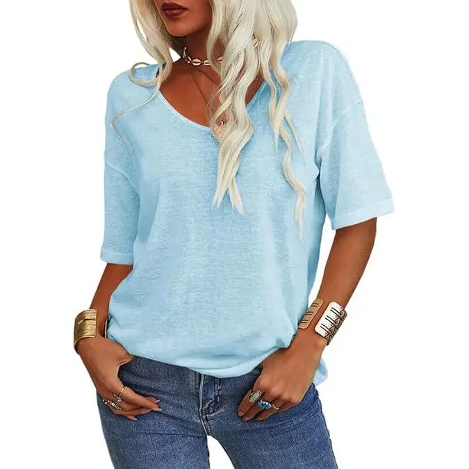 Fashare Women's Plain V-Neck Half-Sleeve Oversized Tshirt - Lightweight Stretchy Spandex Comfy Casual Streetwear Tops, Gentle Stretchy Women's T-Shirts for Summer, Hand Wash Friendly, Deep V Neckline Women's T-Shirts